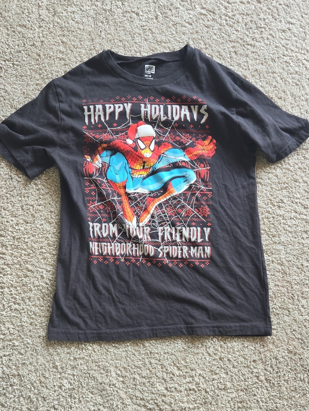 Marvel Black Spider-Man Holiday Graphic Tee with Red and Blue Print